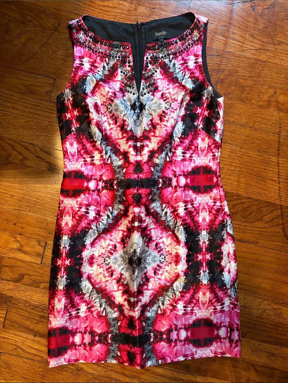 Laundry By Shelli Segal Pink Black Gray Beaded Sheath Dress